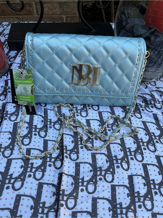Badgley Mischka Handbags - Badgley Mischka Quilted Crossbody Bag in Light Blue with Gold Chain